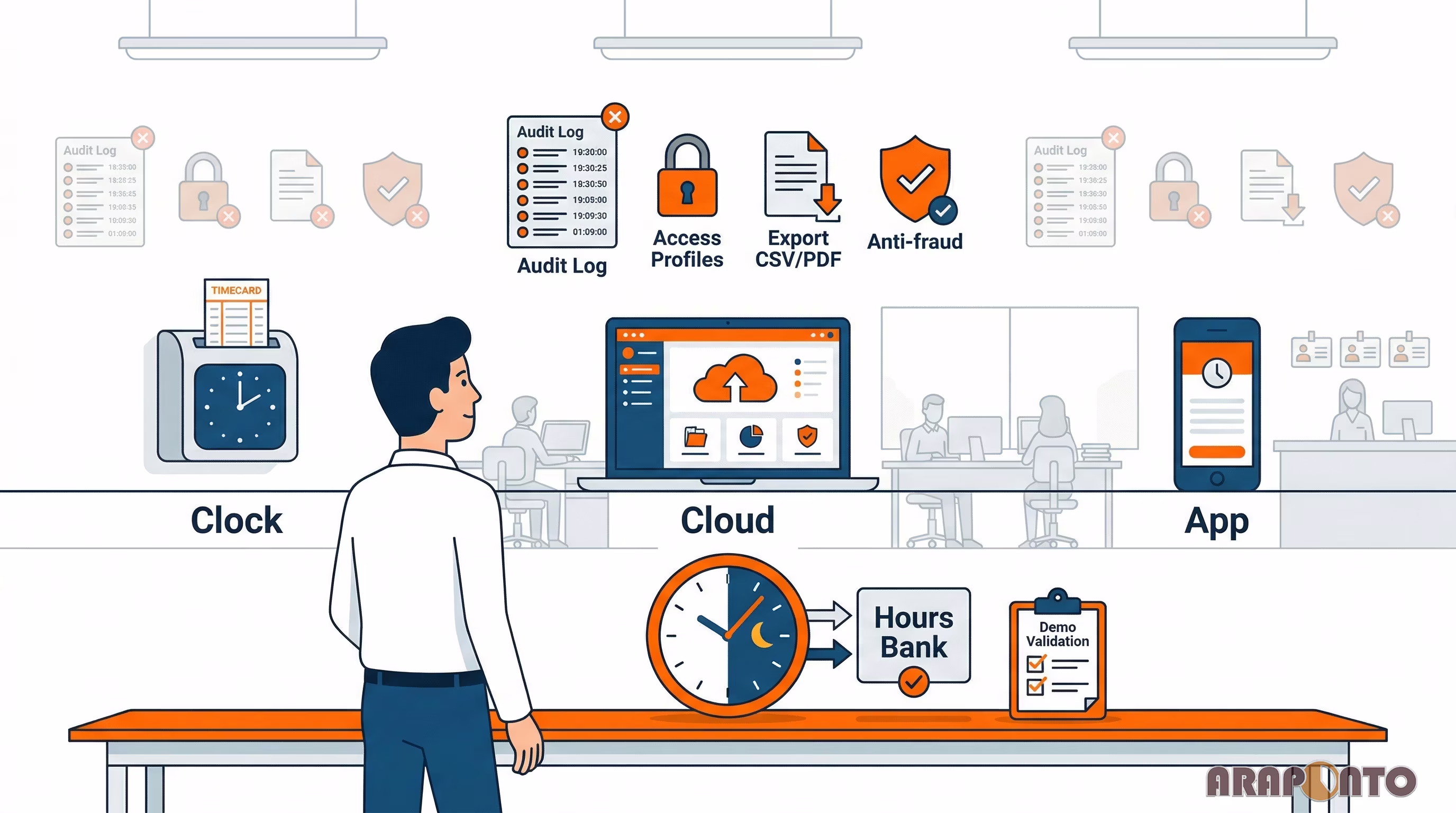 A man demonstrates a comprehensive time management system integrating physical clocking, cloud software, and a mobile app...