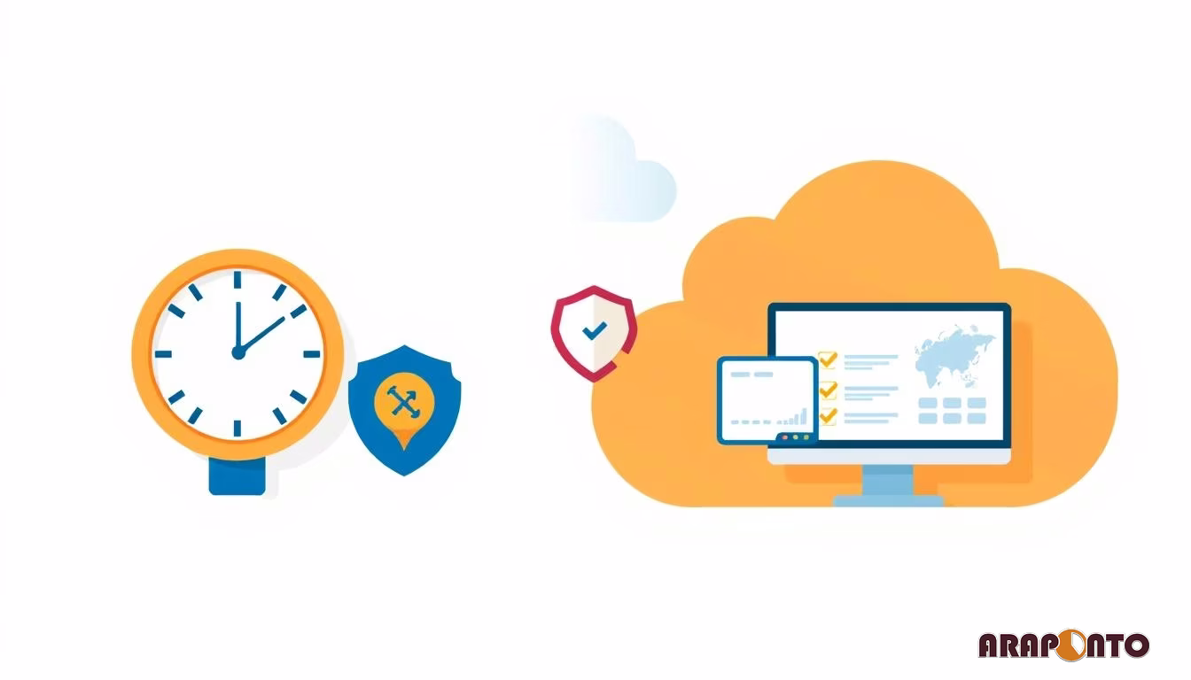 An illustration comparing concepts of time and localized network security with secure cloud computing, data analysis, and...