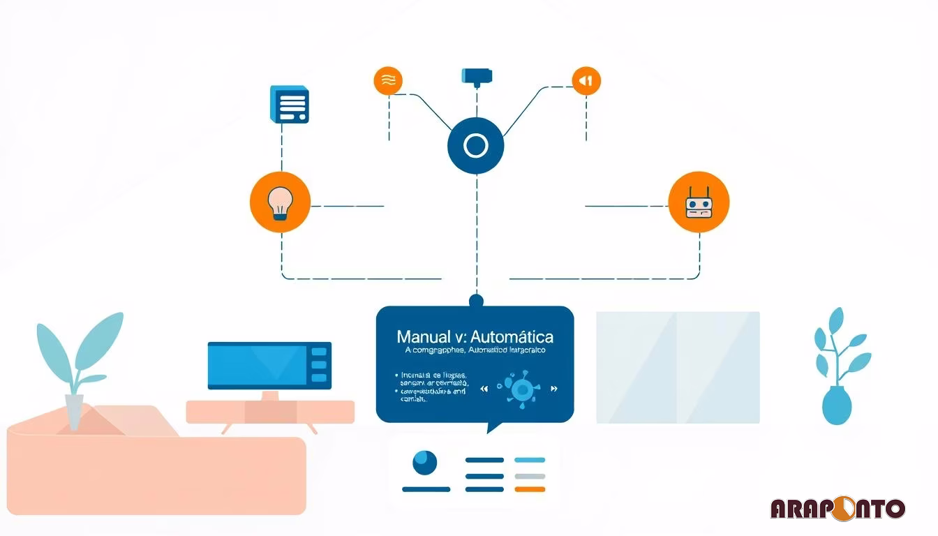 An infographic compares manual vs. automatic control, showing smart home devices connected to a central automation hub