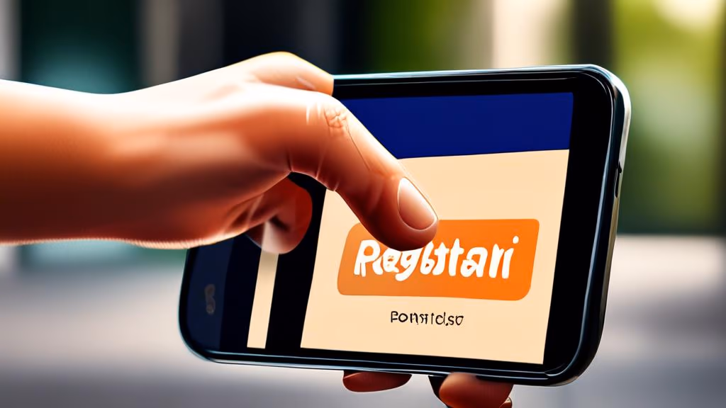 Close-up of a hand holding a smartphone, finger tapping on a digital button that says 'Registrar Ponto' on the screen