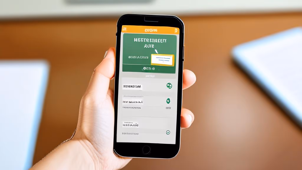 A hand holding a smartphone, showing a login screen for an app with fields for CPF/ID and password