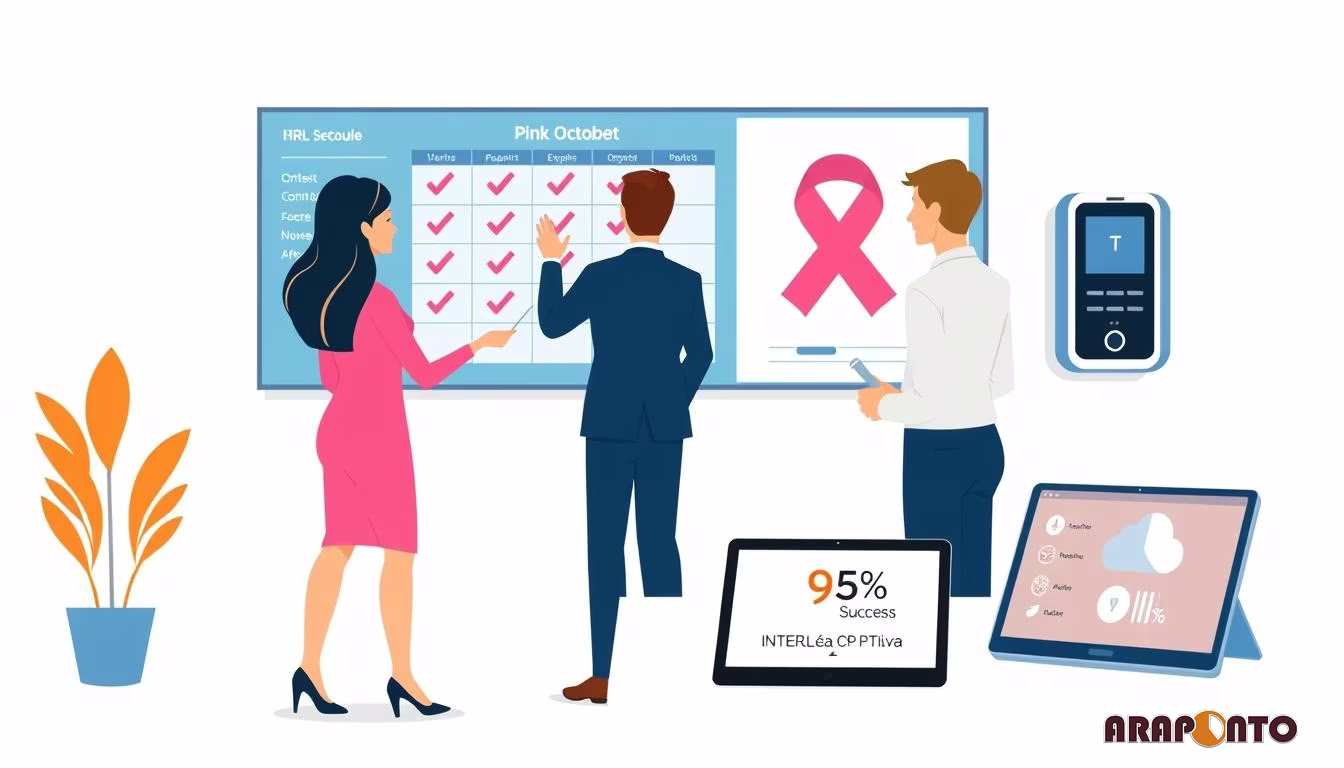 Three colleagues collaborate on a digital board tracking project progress with checkmarks and a 'Pink October' ribbon...