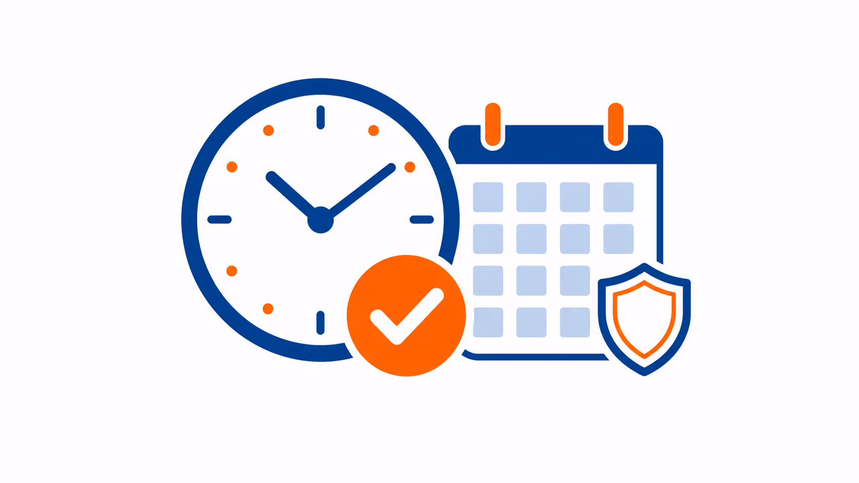 Relógio, calendário e escudo com check em ilustração vetorial azul e laranja