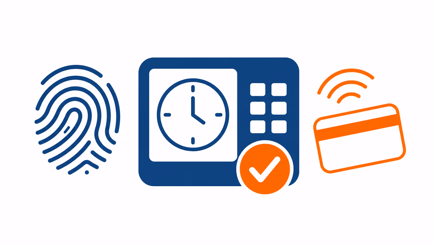 Ícones de digital, relógio de ponto e cartão por aproximação com sinal de confirmação.
