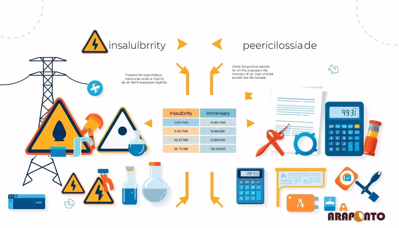 Infográfico comparando insalubridade e periculosidade com ícones de ruído, calor, eletricidade e inflamáveis, reforçando os critérios de risco, base legal e adicional citados no artigo.