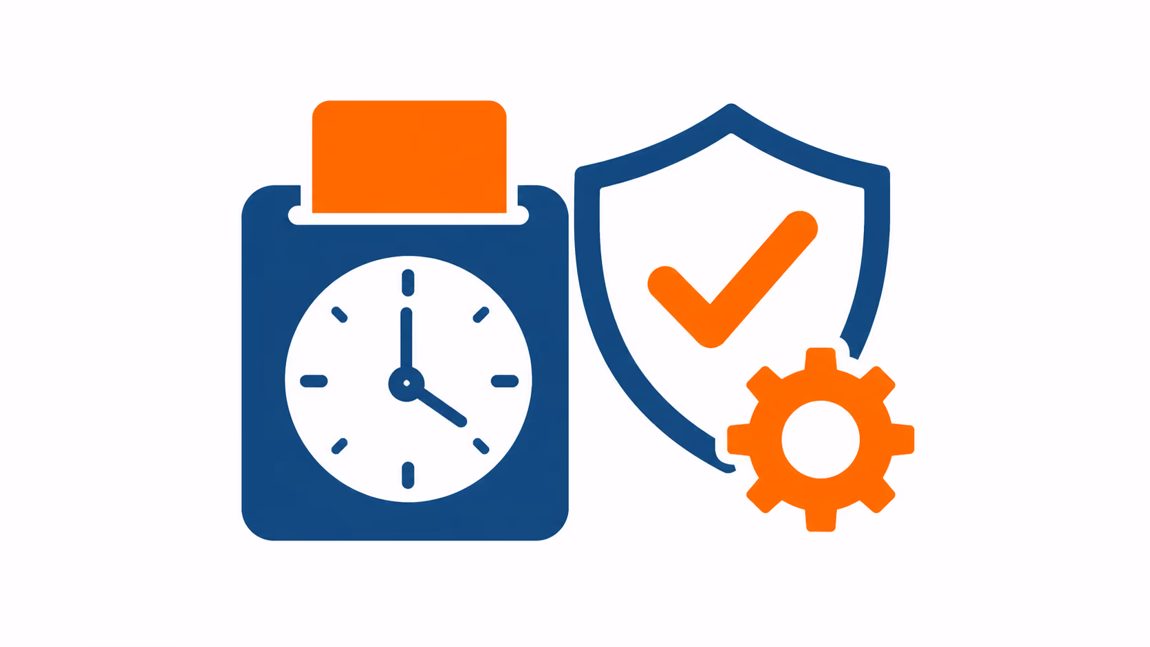 Ícones de relógio digital, escudo e check em azul e laranja