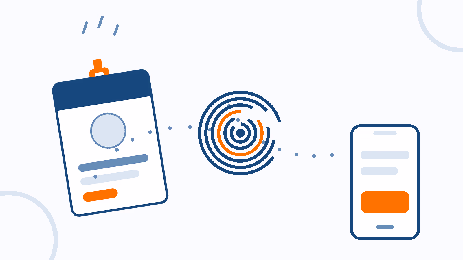 Crachá de identificação, impressão digital e celular em ilustração vetorial azul e laranja