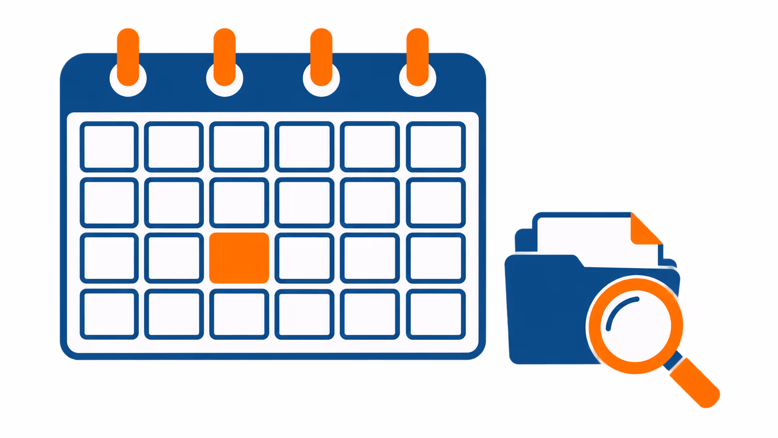 Calendário em vetor plano com um dia destacado em laranja ao lado de pasta com lupa